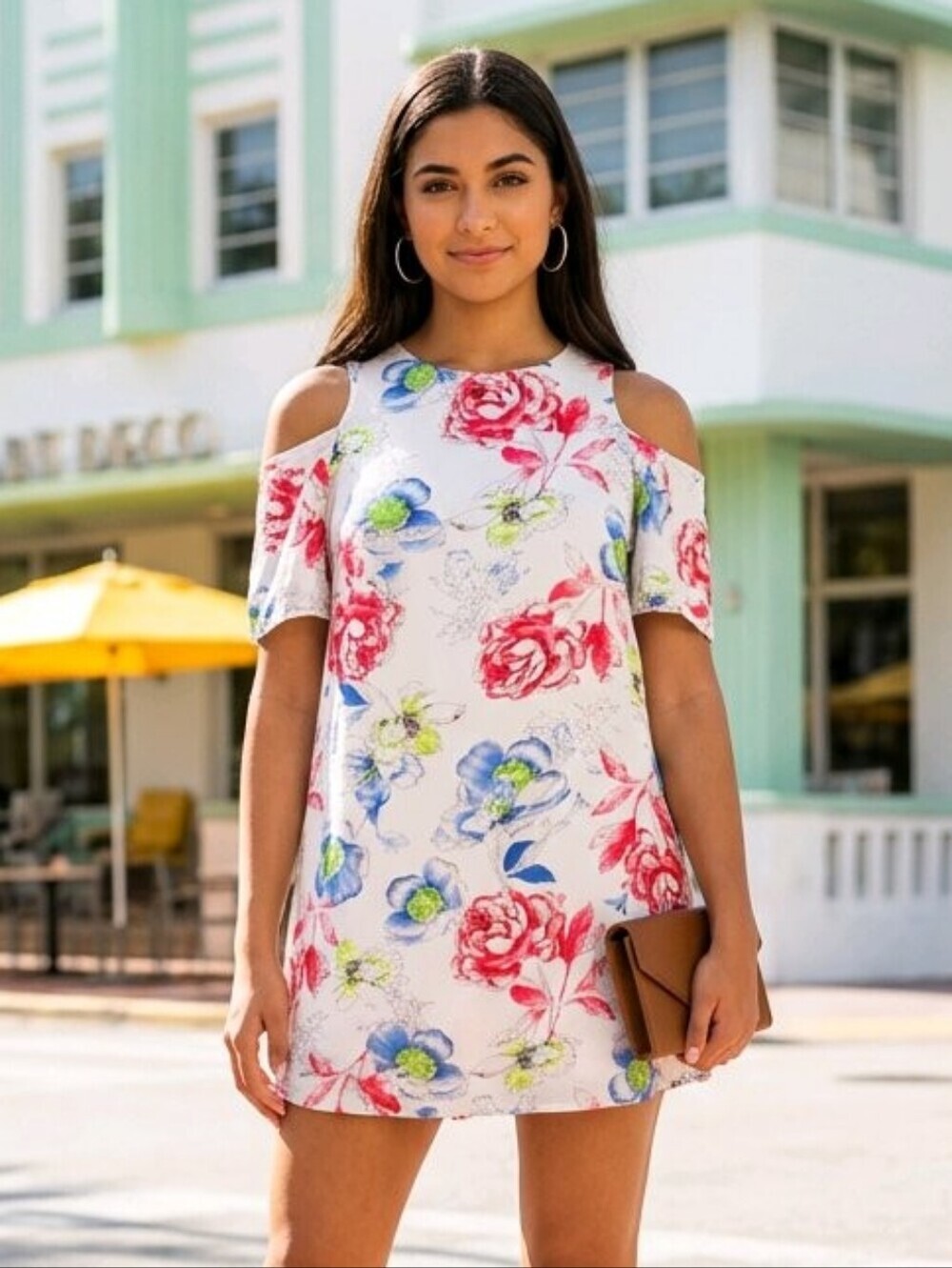 Umgee M Medium White With Floral Pattern Cold Shoulder Mini - Midi Dress EUC